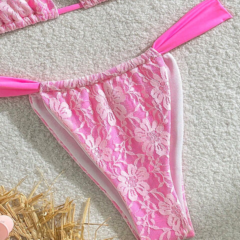 Set Bikini String Dua Potong Wanita, Baju Renang Wanita Lapisan Luar Renda Berkualitas Tinggi, Segitiga, Cup Lepas Pasang