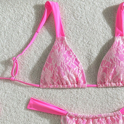 Set Bikini String Dua Potong Wanita, Baju Renang Wanita Lapisan Luar Renda Berkualitas Tinggi, Segitiga, Cup Lepas Pasang