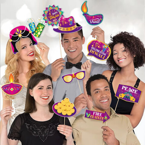 Adereços engraçados para cabine de fotos de Diwali, acessórios para cabine de fotos de festa, adereços para selfie de festa de Diwali, suprimentos de decoração, festa hindu