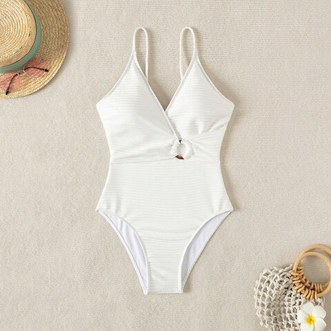 OEM Logo Personalizado Monokini Solapado Traje de Baño de Una Pieza con Aro de Resina, Ropa de Playa Sexy con Tirantes Ajustables