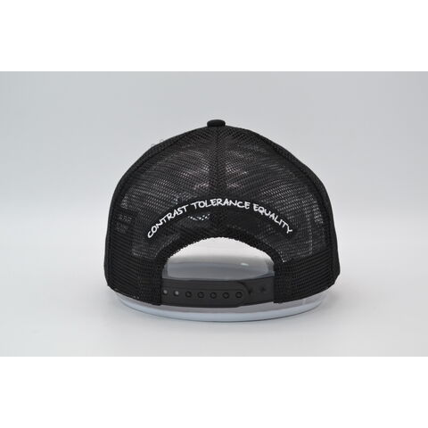 Casquette de camionneur noire 6 panneaux en maille de haute qualité, semi-courbée, avec bordure brodée tissée personnalisée