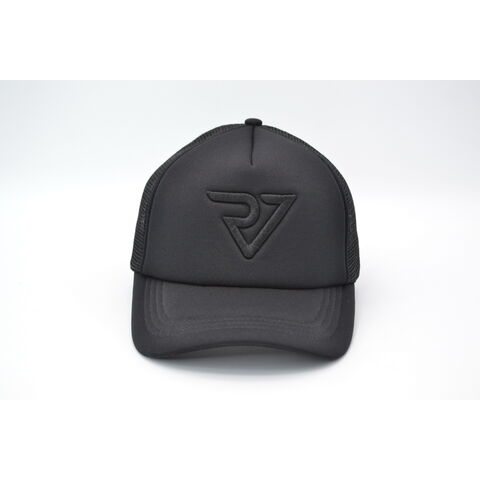 Casquette de camionneur noire 6 panneaux en maille de haute qualité, semi-courbée, avec bordure brodée tissée personnalisée