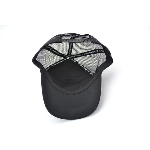 Casquette de camionneur noire 6 panneaux en maille de haute qualité, semi-courbée, avec bordure brodée tissée personnalisée