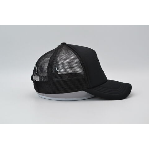 Casquette de camionneur noire 6 panneaux en maille de haute qualité, semi-courbée, avec bordure brodée tissée personnalisée