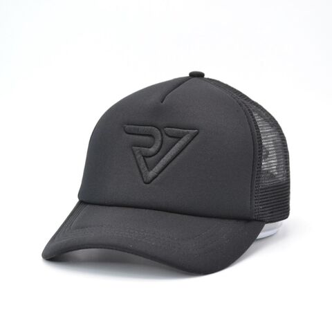 Casquette de camionneur noire 6 panneaux en maille de haute qualité, semi-courbée, avec bordure brodée tissée personnalisée