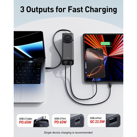 Kompakte 20000mAh Powerbank, 28% kleiner mit einziehbarem Kabel, 65W PD Schnellladung, leichtes tragbares Ladegerät für Geschäftsreisen