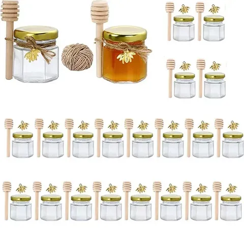 Sechseckige Mini-Honiggläser aus Glas, 20er-Set, Honigflasche mit Deckel und Rührstab, Blaubeermarmeladenbehälter für Gastgeschenke