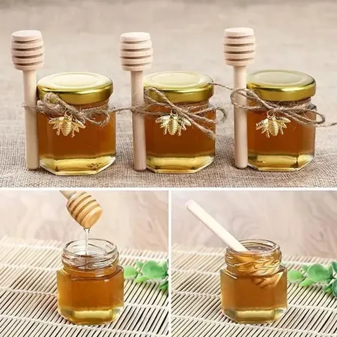 Sechseckige Mini-Honiggläser aus Glas, 20er-Set, Honigflasche mit Deckel und Rührstab, Blaubeermarmeladenbehälter für Gastgeschenke