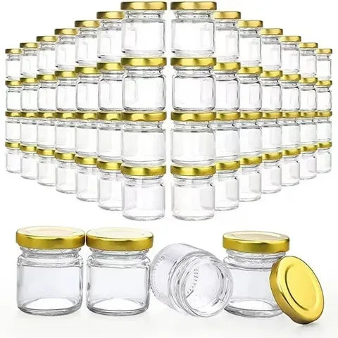 Sechseckige Mini-Honiggläser aus Glas, 20er-Set, Honigflasche mit Deckel und Rührstab, Blaubeermarmeladenbehälter für Gastgeschenke