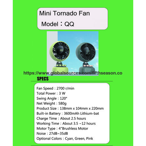 Mini Ventilateur Portable Tornado avec Batterie 3600mAh, Rechargeable par USB, Hauteur Réglable et Veilleuse LED, Fonctionnement Silencieux
