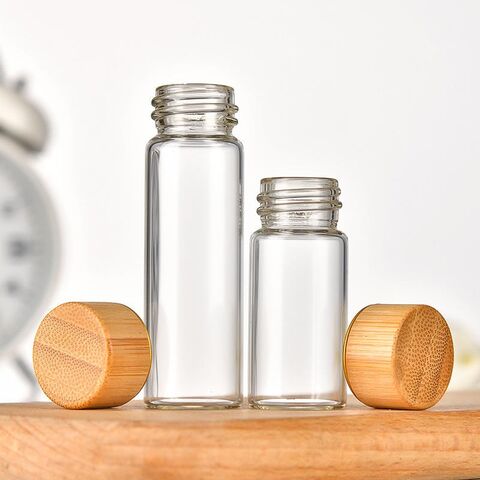 Frasco de armazenamento de tubo de vidro de borossilicato alto por atacado para especiarias, doces, chá, comprimidos com tampa de bambu de madeira de parafuso