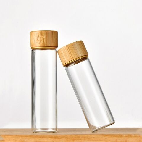 Frasco de armazenamento de tubo de vidro de borossilicato alto por atacado para especiarias, doces, chá, comprimidos com tampa de bambu de madeira de parafuso