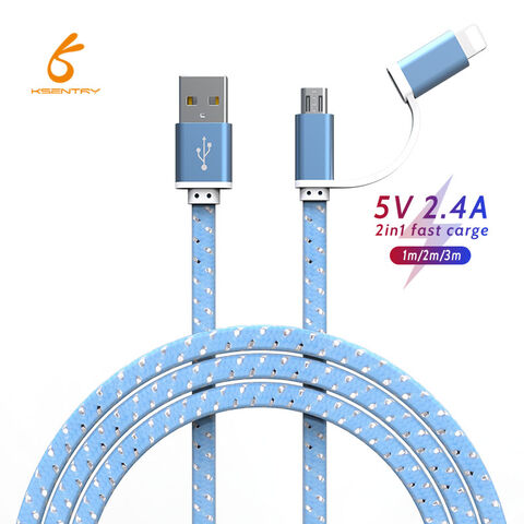 Cable USB 2 en 1 de nailon trenzado para transferencia de datos y carga rápida para iPhone y Micro USB