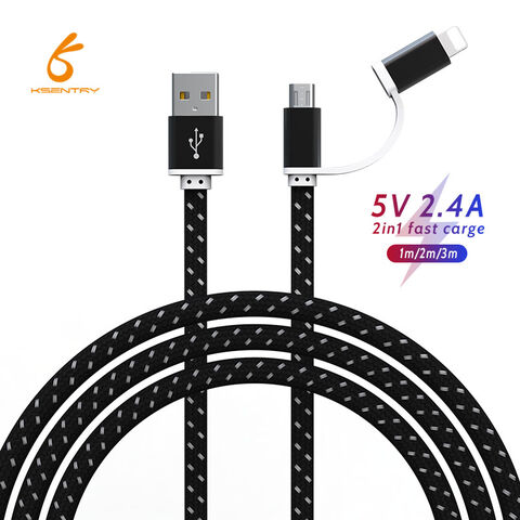 Cable USB 2 en 1 de nailon trenzado para transferencia de datos y carga rápida para iPhone y Micro USB