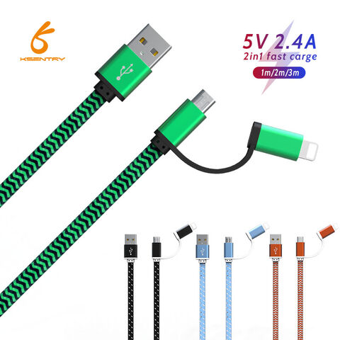 Cable USB 2 en 1 de nailon trenzado para transferencia de datos y carga rápida para iPhone y Micro USB