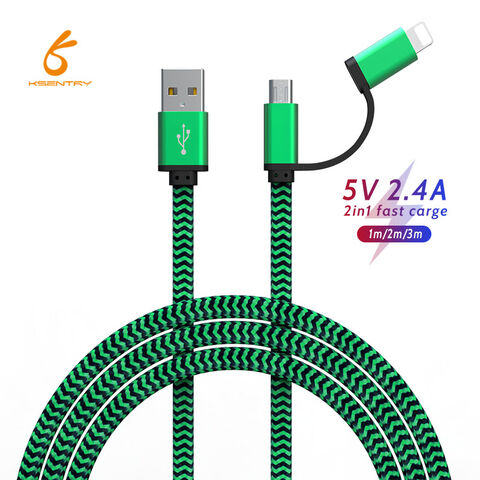 Cable USB 2 en 1 de nailon trenzado para transferencia de datos y carga rápida para iPhone y Micro USB