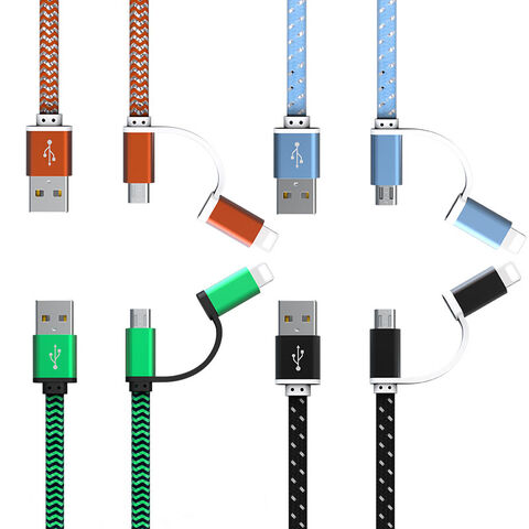 Cable USB 2 en 1 de nailon trenzado para transferencia de datos y carga rápida para iPhone y Micro USB