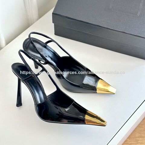 Sandal Slingback Hak Tinggi Wanita 2024, Ujung Tertutup, Detail Logam Emas, Sepatu Pesta Gaun Stiletto Seksi dan Dewasa