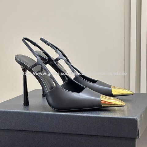Sandal Slingback Hak Tinggi Wanita 2024, Ujung Tertutup, Detail Logam Emas, Sepatu Pesta Gaun Stiletto Seksi dan Dewasa