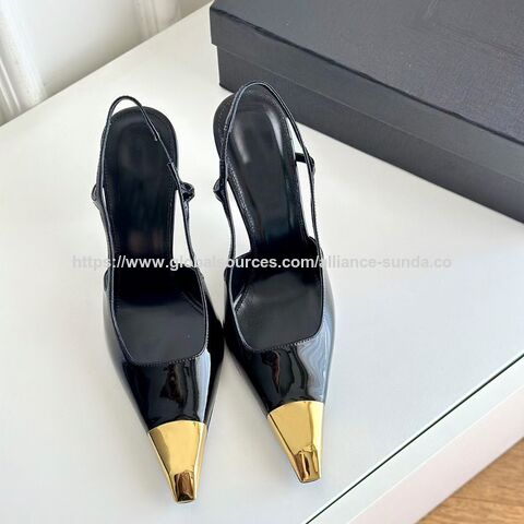 Sandal Slingback Hak Tinggi Wanita 2024, Ujung Tertutup, Detail Logam Emas, Sepatu Pesta Gaun Stiletto Seksi dan Dewasa