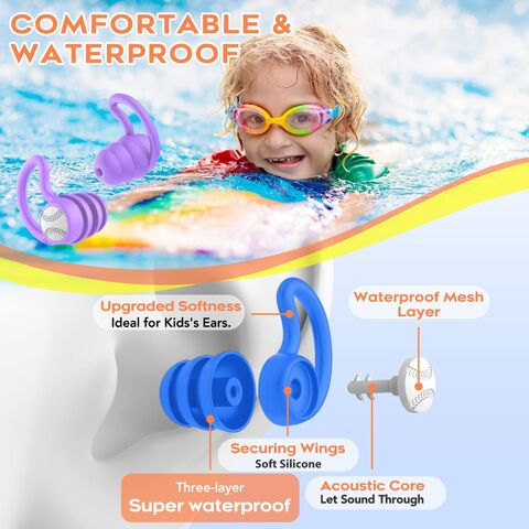 Tapones para oídos de natación para niños - Protección auditiva impermeable, reutilizable, de silicona suave para niños de 2 a 9 años