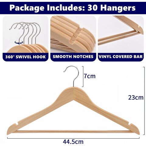 Paquete de 30 Perchas de Madera Natural de 44,5 cm con Barra y Ranura, Perchas Resistentes para Camisetas, Camisas, Trajes, Abrigos, Vestidos, Bodas