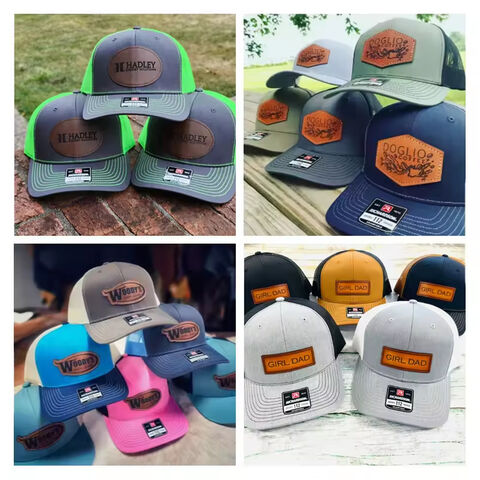 Venta al por mayor de gorras de béisbol lisas con parche de cuero bordado personalizado, Richardson 112, gorra de camionero con malla trasera, gorras deportivas con cierre ajustable