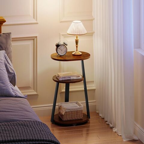 Mesa Auxiliar Retro Marrón de Tres Niveles con Estructura Metálica y Tablero de Madera. Mesa de Centro Pequeña. Ideal para Salón y Dormitorio.