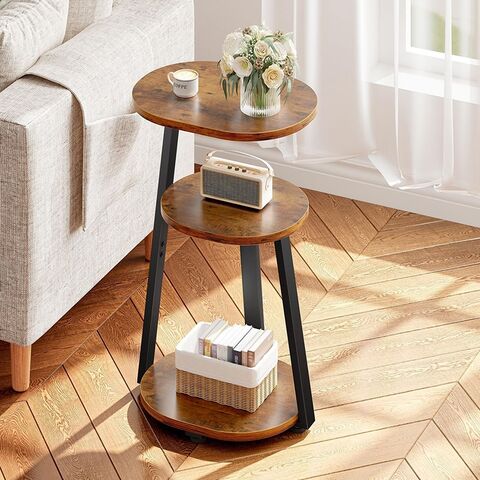 Mesa Auxiliar Retro Marrón de Tres Niveles con Estructura Metálica y Tablero de Madera. Mesa de Centro Pequeña. Ideal para Salón y Dormitorio.