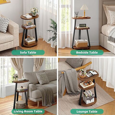 Mesa Auxiliar Retro Marrón de Tres Niveles con Estructura Metálica y Tablero de Madera. Mesa de Centro Pequeña. Ideal para Salón y Dormitorio.
