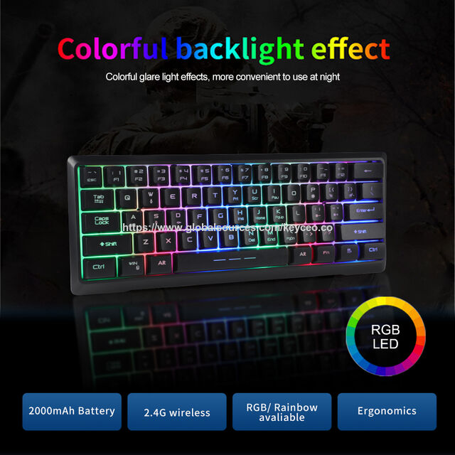 Teclado gaming compacto sem fio mini recarregável portátil 60% teclado de membrana jogo RGB