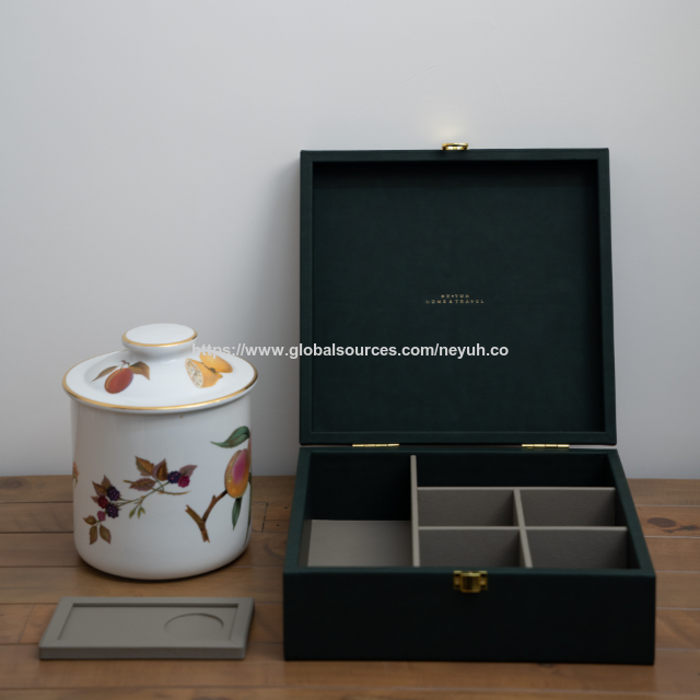 Caja organizadora y arcón de cuero artesanal para té y café con tapa lisa para minibar y esquinas decorativas para servir
