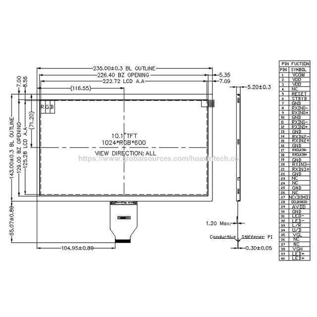 Écran TFT 10,1 pouces, résolution 1024x600, interface LVDS 40 broches, 500cd/m² - Idéal pour applications industrielles et commerciales.