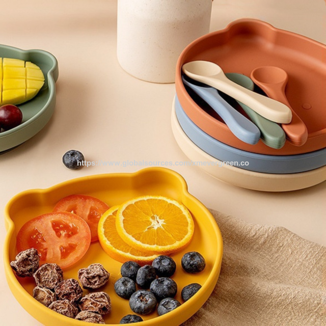 Ensemble d'alimentation personnalisé avec nom, Ensemble de sevrage avec motif de dessin animé pour bébé et jeune enfant, Assiette pour bébé écologique, Ensemble de sevrage en silicone