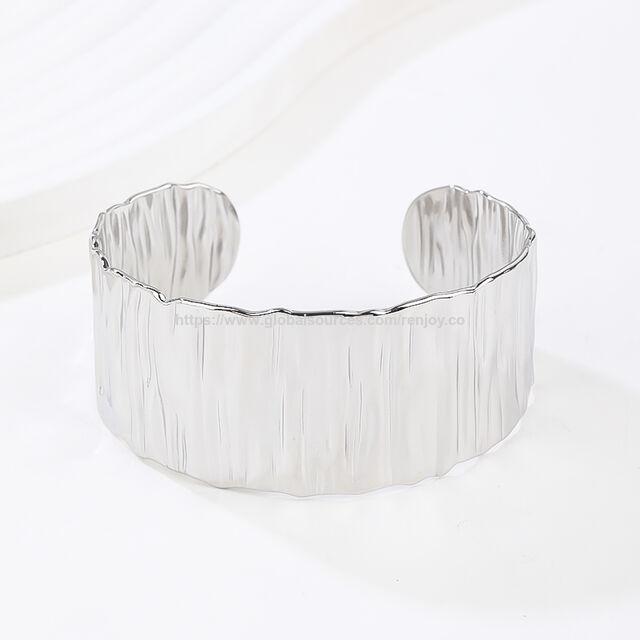 Pulseira bracelete larga prateada com ranhuras para mulheres, pulseira punk brilhante de aço inoxidável para mulheres