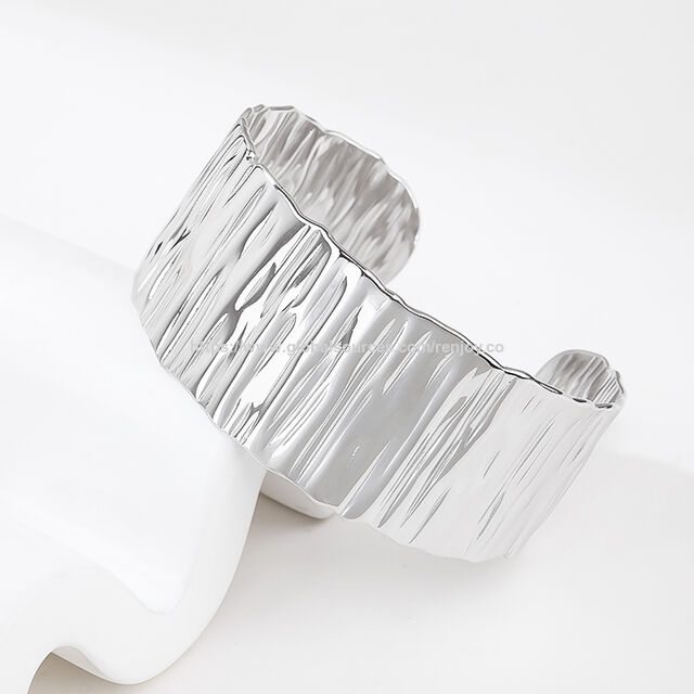 Pulseira bracelete larga prateada com ranhuras para mulheres, pulseira punk brilhante de aço inoxidável para mulheres
