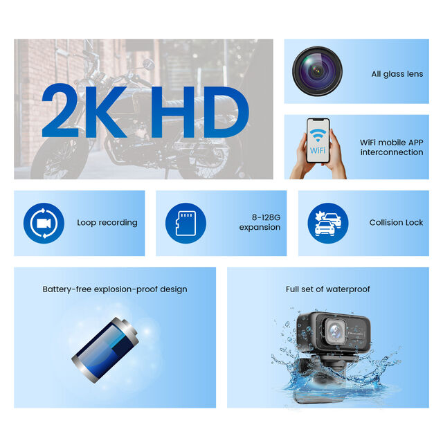 2K Motorrad Dashcam, 140° Weitwinkel, IP67 wasserdicht, Loop- & Notfallaufnahme, 3 Halterungen für verschiedene Szenarien