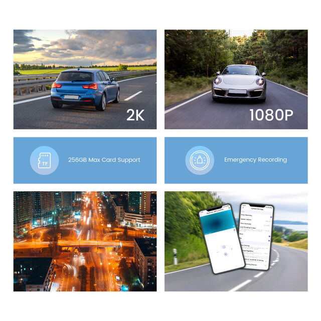 2K+1080P Dual Dashcam, Mini-Dashcam mit Super-Nachtsicht, Loop-Aufnahme, G-Sensor, 24-Stunden-Parkmonitor, unterstützt max. 256 GB