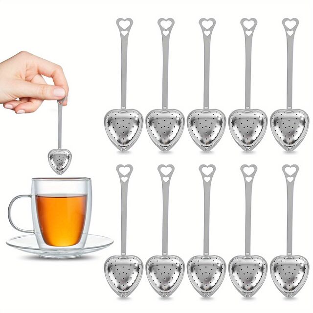 Ensemble de 10 cuillères à filtre à thé en acier inoxydable en forme de cœur - Cuillères à filtre à mailles fines pour thé en feuilles, parfaites pour les fêtes de thé et les cadeaux en gros