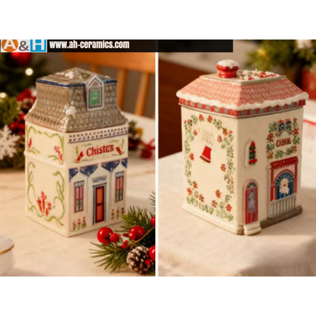Açucareiro com Tampa Hermética, Recipiente de Cerâmica Criativo em Forma de Casa de Natal para Cozinha, Café e Chá.