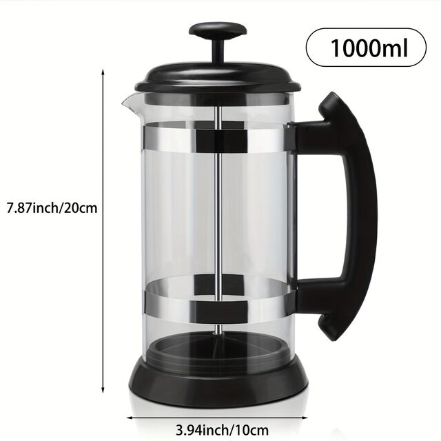Cafetera de Prensa Francesa de 1000 ml - Vidrio Grueso Resistente al Calor, Acero Inoxidable 304, Base de Silicona Antideslizante, Ideal para el Hogar y la Oficina