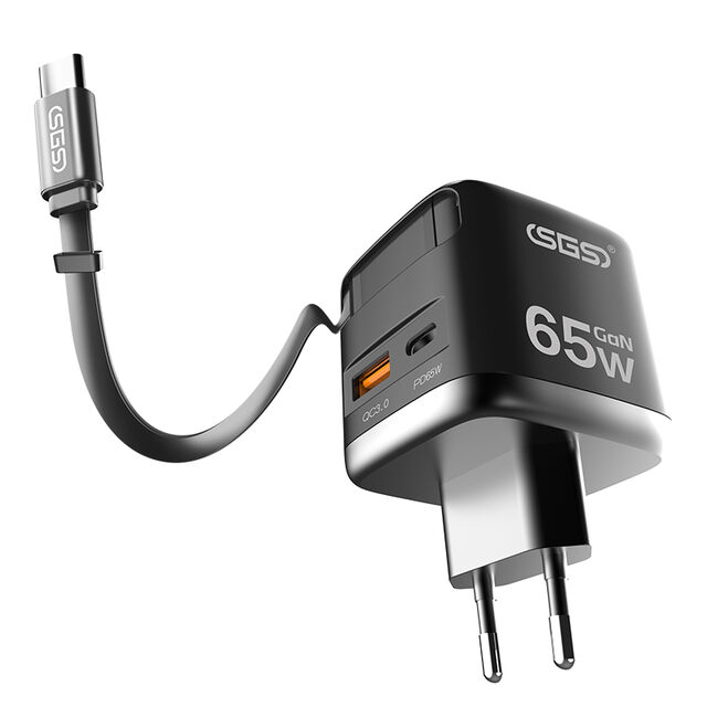 65W 3-in-1 tragbares Handy-Ladegerät mit integriertem Typ-C-Kabel für iPhone - Schnell und effizient laden