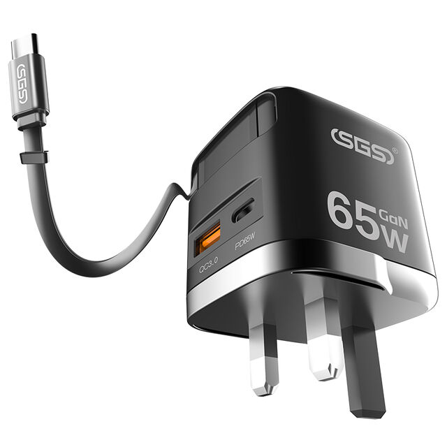 65W 3-in-1 tragbares Handy-Ladegerät mit integriertem Typ-C-Kabel für iPhone - Schnell und effizient laden