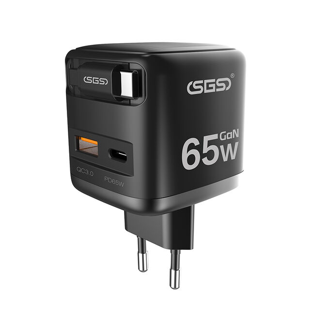 65W 3-in-1 tragbares Handy-Ladegerät mit integriertem Typ-C-Kabel für iPhone - Schnell und effizient laden