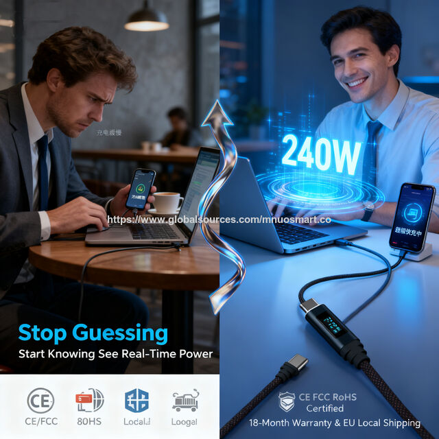Câble USB C vers USB C MNOU 240W USB4.0 avec Écran Intelligent, Transfert Vidéo 8K, Compatibilité Universelle pour Ordinateur Portable/Tablette/Téléphone