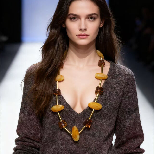 SISSLIA Élégant Collier Long Rétro en Résine Ambre, Bijoux Géométriques Perlés Faits Main pour Femmes, Accessoire de Déclaration Vintage Artistique