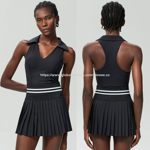 Ropa deportiva de tenis con cuello en V, Top corto de yoga y conjuntos de falda de tenis de cintura alta con bloques de color