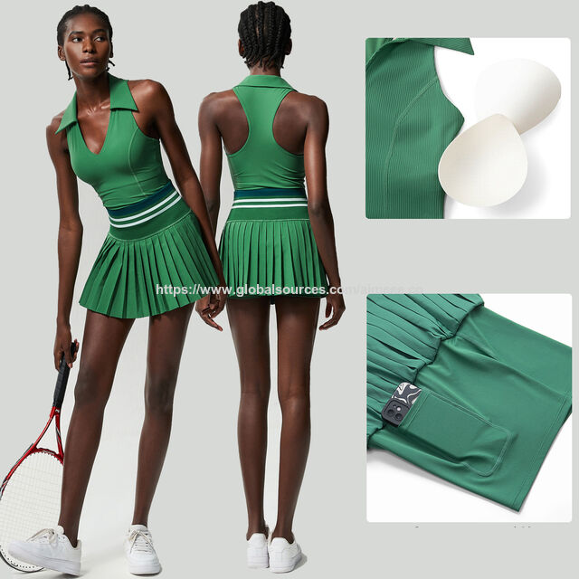 Ropa deportiva de tenis con cuello en V, Top corto de yoga y conjuntos de falda de tenis de cintura alta con bloques de color