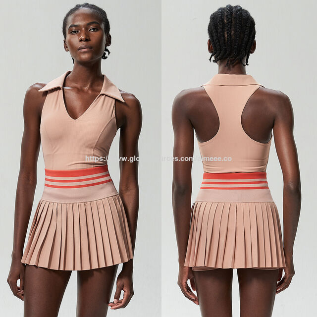 Ropa deportiva de tenis con cuello en V, Top corto de yoga y conjuntos de falda de tenis de cintura alta con bloques de color