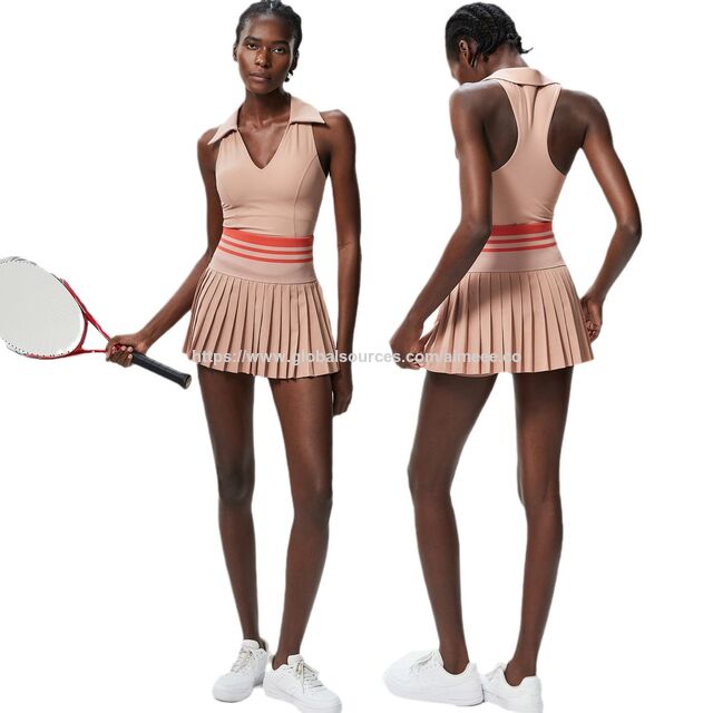 Ropa deportiva de tenis con cuello en V, Top corto de yoga y conjuntos de falda de tenis de cintura alta con bloques de color